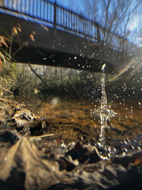 Low-angle view of a shallow stream beneath a footbridge, sunlight catching water droplets mid-splash; fallen leaves and wet stones in the foreground with bare trees and blue sky blurred in the background.