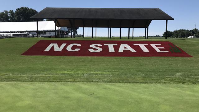 NC State logo painted on a grassy hill at the Lake Wheeler Turfgrass Field Lab in Raleigh, NC.