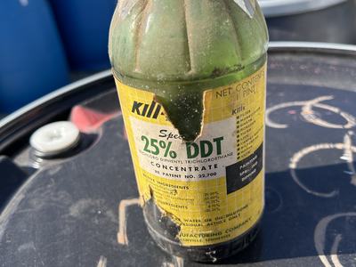 DDT expired pesticide collected in green bottle at a pesticide disposal event.