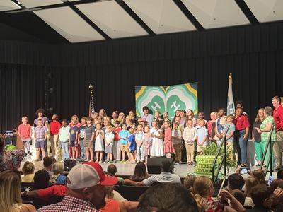 A large group of 4-H youth stand together on stage at District Activity Day.