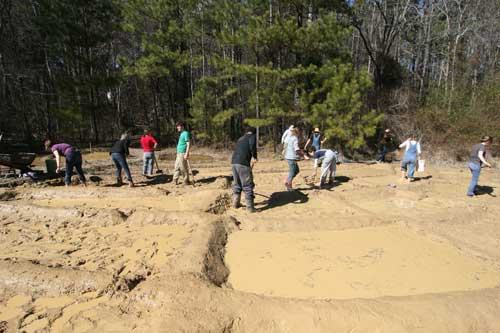 Several people digging and shoveling trenches in sandy ground near a wooded area