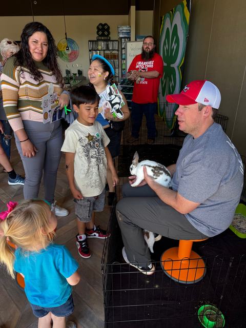 A man sits on a stool inside a wire pen, holding a spotted rabbit for a group of children and adults to see. A large green 4-H clover backdrop is visible in the corner of the room.
