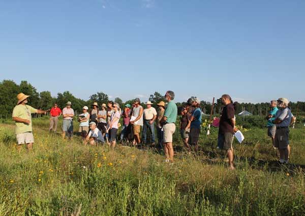 Group of people in a field listening to a guide pointing