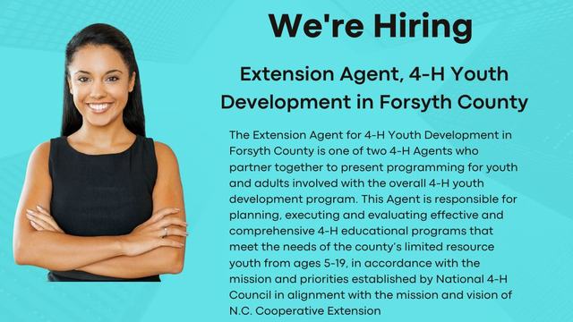 Young woman smiling with her hands crossed in front of her, with text We're Hiring, along with a brief description of the job.