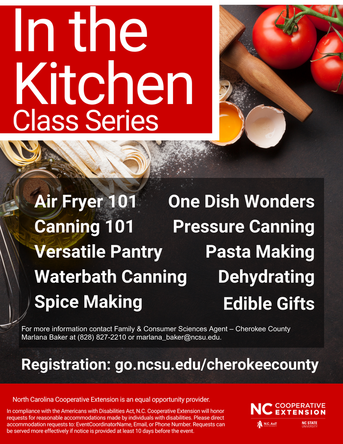 In the Kitchen Series Flyer announces upcoming class series for hands on cooking classes.
