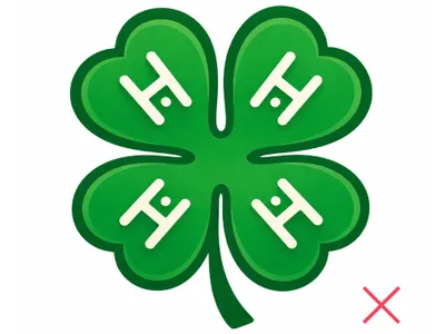 AI-generated recreation of the 4-H Emblem with incorrect leaf shapes, stylized H-like symbols, gradients, and added visuals, demonstrating incorrect usage.