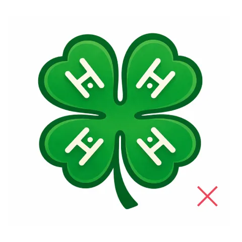 AI-generated recreation of the 4-H Emblem with incorrect leaf shapes, stylized H-like symbols, gradients, and added visuals, demonstrating incorrect usage.