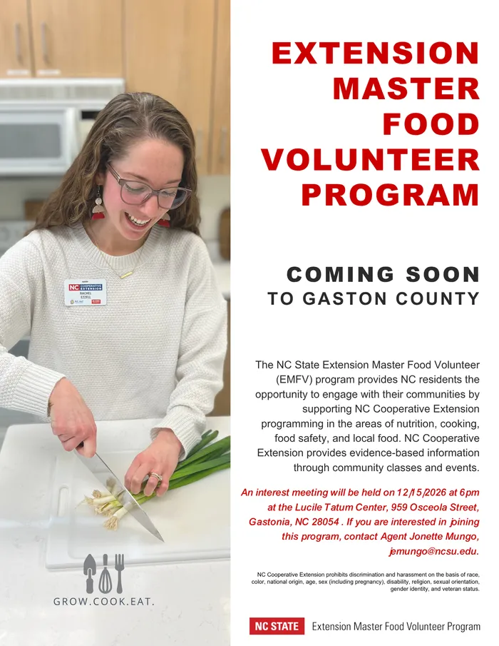 The NC State Extension Master Food Volunteer (EMFV) program provides NC residents the opportunity to engage with their communities by supporting NC Cooperative Extension programming in the areas of nutrition, cooking, food safety, and local food.
