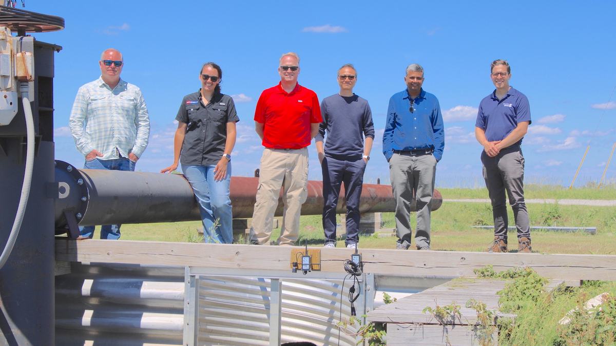 The IoT flood prediction team members include (from left), Gibbs; Lewis; David Oh, NC State assistant professor of graphic and experience design; Dev Kakde, senior statistician and IoT innovator with SAS; and Spectrum News meterologist Tom Meiners.