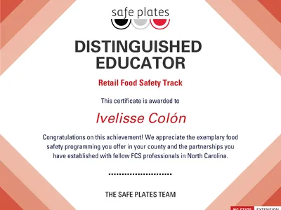 Ivelisse Colon Certificate for Distinguished Safe Plates Educator presented in 2026