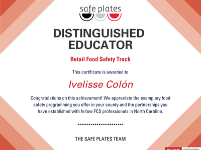 Ivelisse Colon Certificate for Distinguished Safe Plates Educator presented in 2026