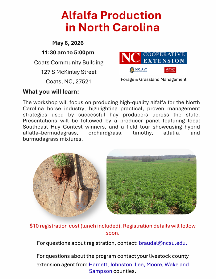 Alfalfa Production in North Carolina Workshop, May 6, 2026 11:30 am to 5:00 pm