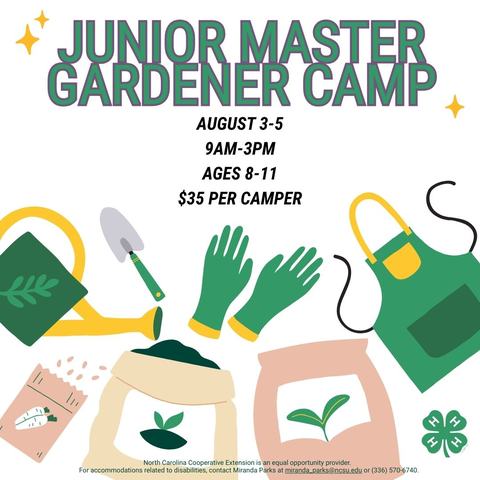 Junior Master Garden Camp
August 3 through 5
9AM-3PM
Open to ages 8 through 11
$35 per camper
Green 4-H Clover Logo