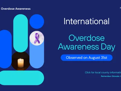 International Overdose Awareness day with purple ribbon, click to get Duplin County information