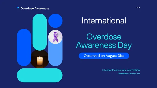 International Overdose Awareness day with purple ribbon, click to get Duplin County information