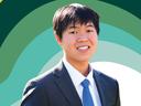 Jonas Pak-Lin smiles at the camera in a dark suit, white dress shirt and bright blue tie, set against a layered green, teal, white and yellow graphic background.