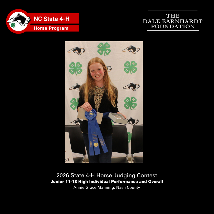 2026 Junior 11-13 Horse Judging high individual in performance and overall award recipients with her ribbons in front of the NC 4-H Horse Program picture backdrop.