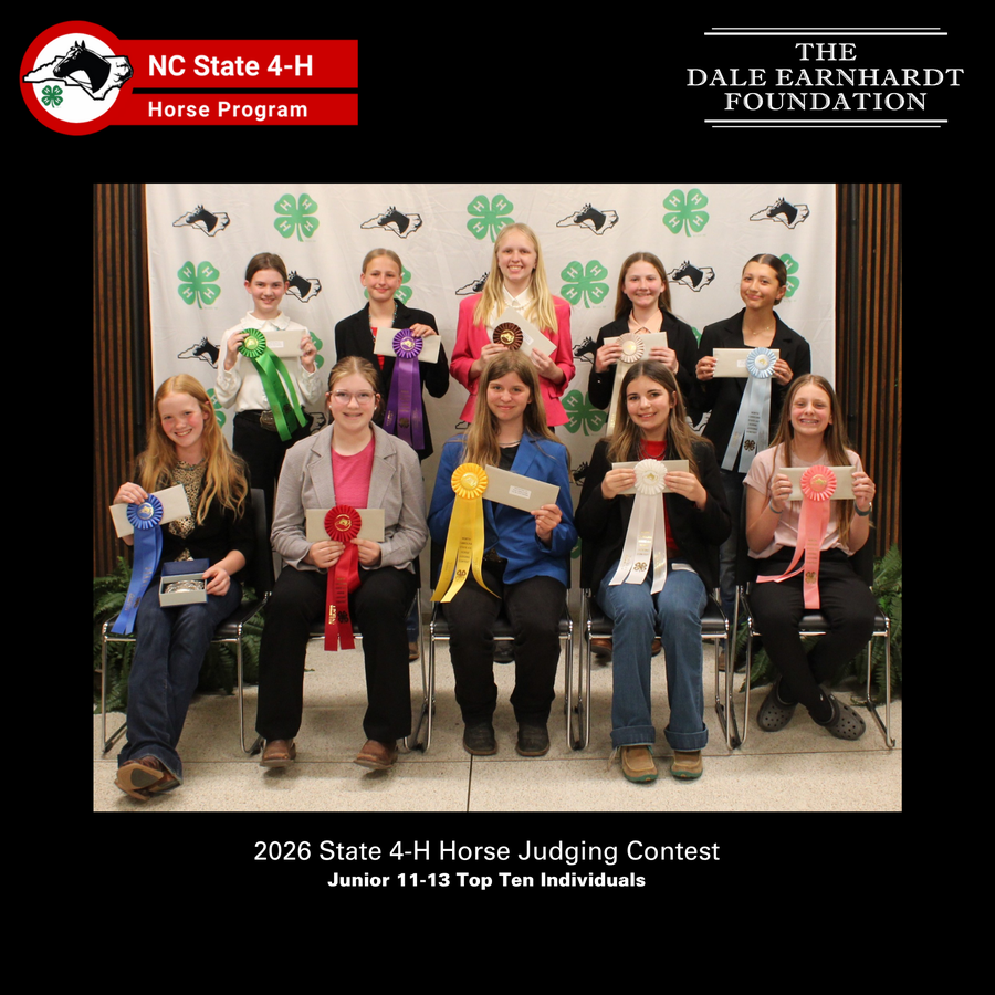 2026 Junior 11-13 Horse Judging Top Ten award recipients with their ribbons in front of the NC 4-H Horse Program picture backdrop.