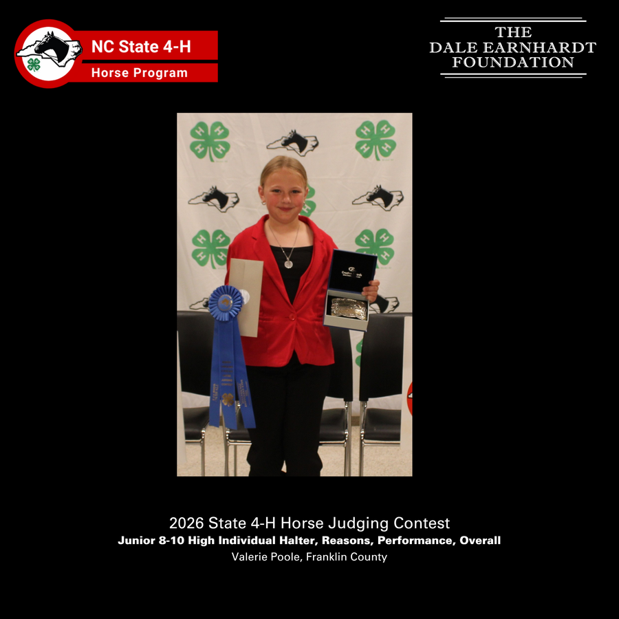 2026 Junior 8-10 Horse Judging high individual award recipient with her ribbons in front of the NC 4-H Horse Program picture backdrop.