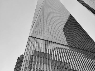 Black-and-white low-angle view of a glass skyscraper disappearing into fog, its reflective facade and vertical ribs stretching skyward; neighboring towers and geometric patterns emphasize height and scale.
