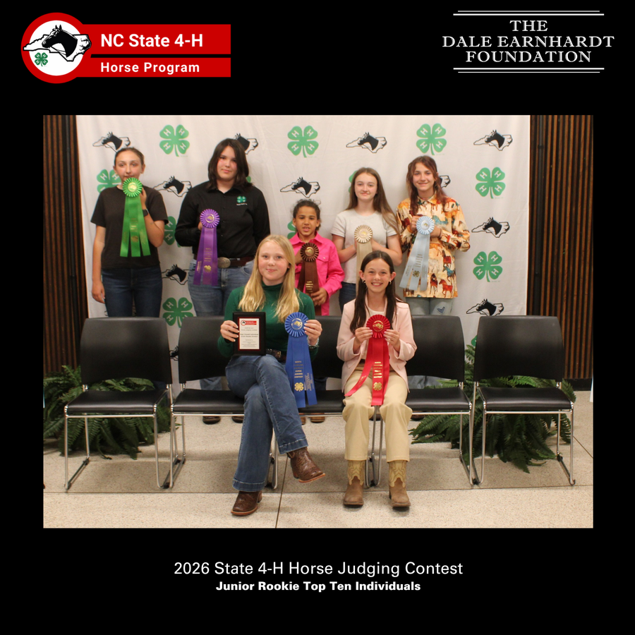 2026 Junior Rookie Horse Judging Top Ten award recipients with their ribbons in front of the NC 4-H Horse Program picture backdrop.