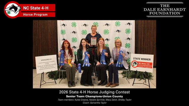 A picture of the members of the winning Senior division team from Union county in front of the NC 4-H horse program picture backdrop.