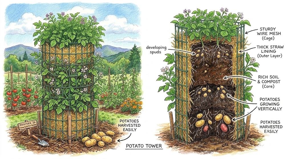Color illustration of a potato tower composed of a wire mesh fence rolled into a vertical cage, lined with straw and soil with potato plants growing out of the cage while potatoes develop inside.