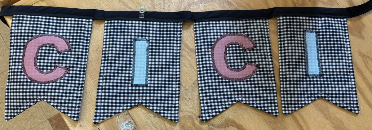 Junior Sewing Champion- Nora Peterson. Handmade banner with pointed flags that spell CICI.