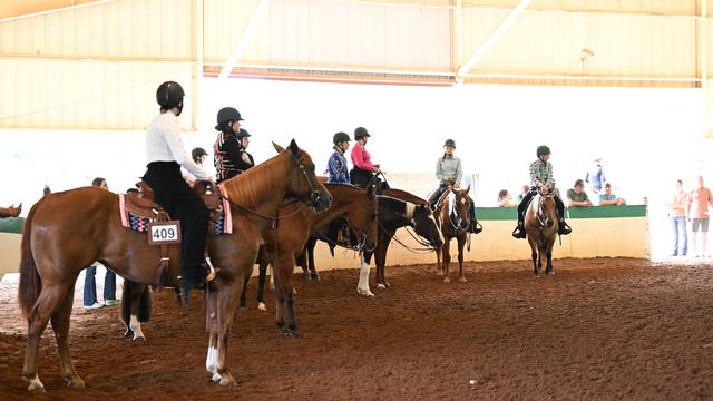 A group of exhibitors in the covered arena at the 2025 NC State 4-H Horse Show