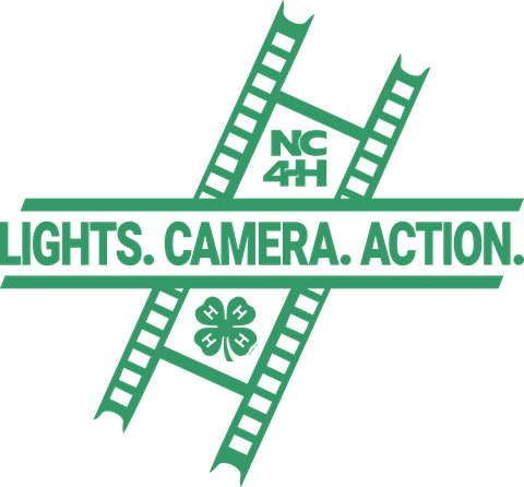 NC 4-H "Lights. Camera. Action." lockup with stylized film strips and 4-H emblem.
