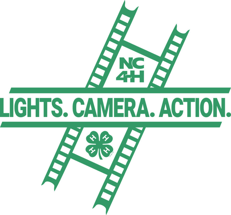 4-H congress logo with film screen diagonal and Lights Camera Action wording overlaid horizontally.  NC 4-H and 4-H Clover printed on the film.