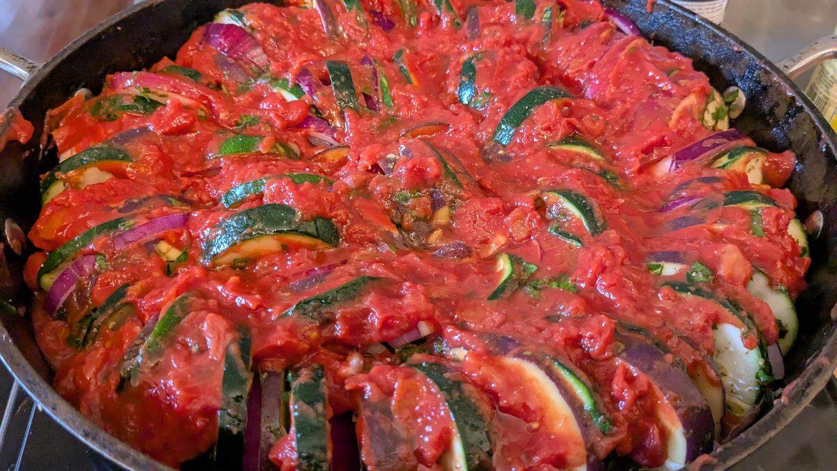 A greek potato, tomato, zucchini and onions baked dish called Briam
