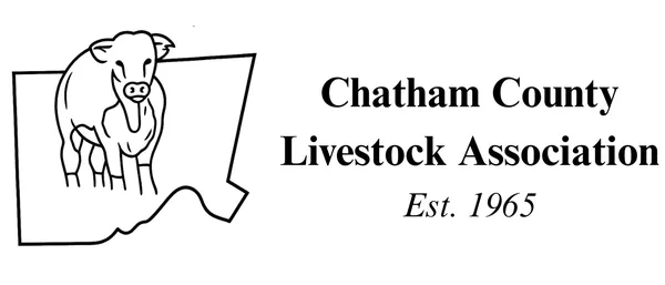 Chatham county outline from map with a bull in the center. Then spelled out Chatham County Livestock Association - Est. 1965