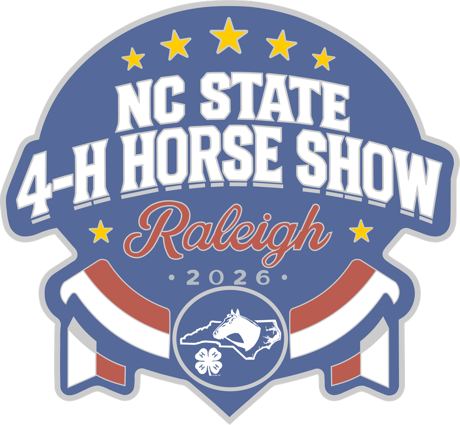 2026 NC State 4-H Horse Show logo- red white and blue with bunting and the state horse and clover logo