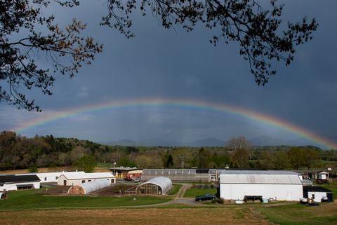 Rainbow over greenhouses and buildings