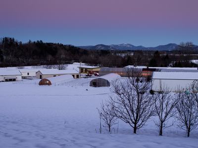 Mountain Horticultural Crops Research Station in winter at dusk