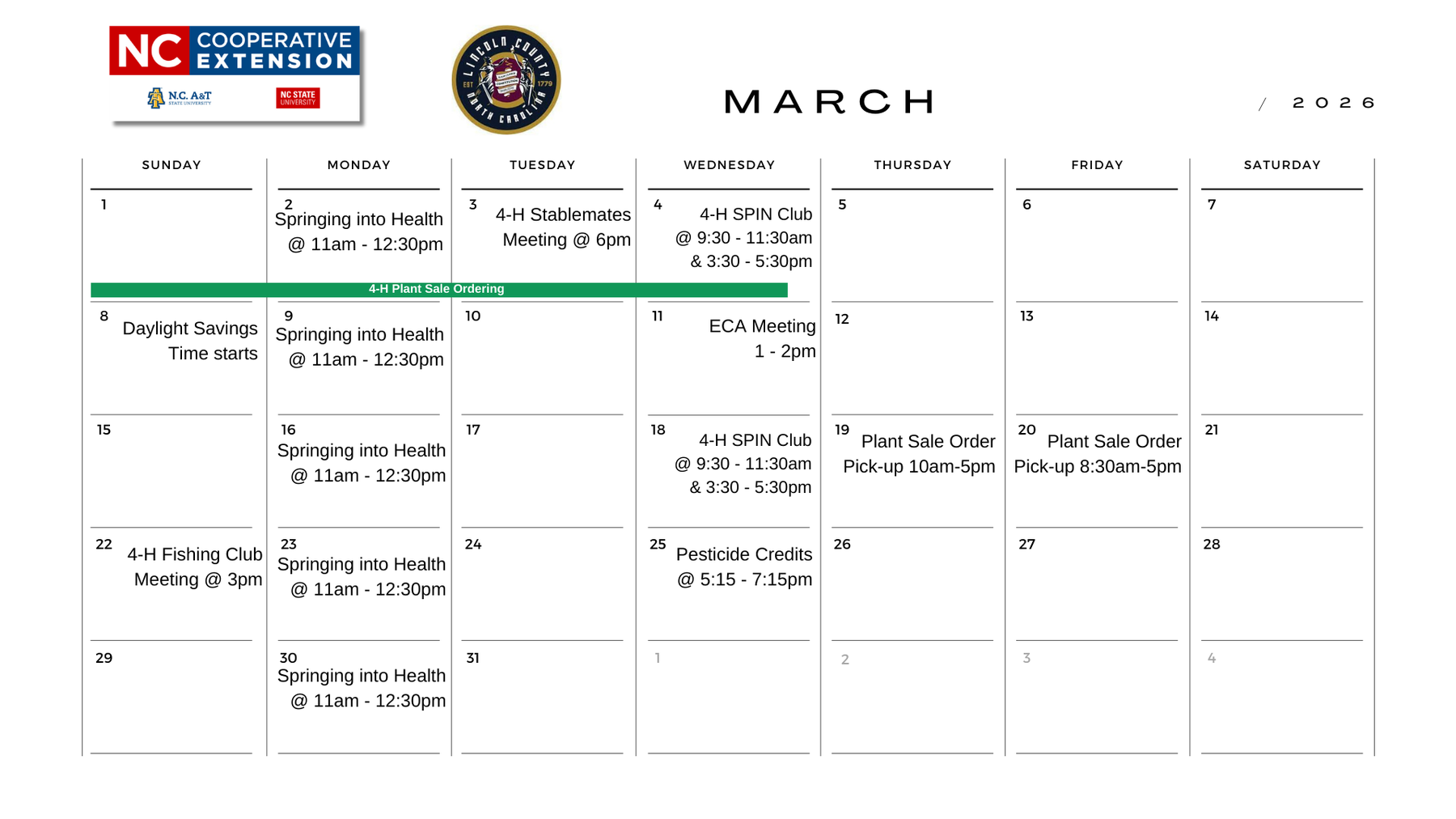 March 2026 Calendar of Events - Lincoln County