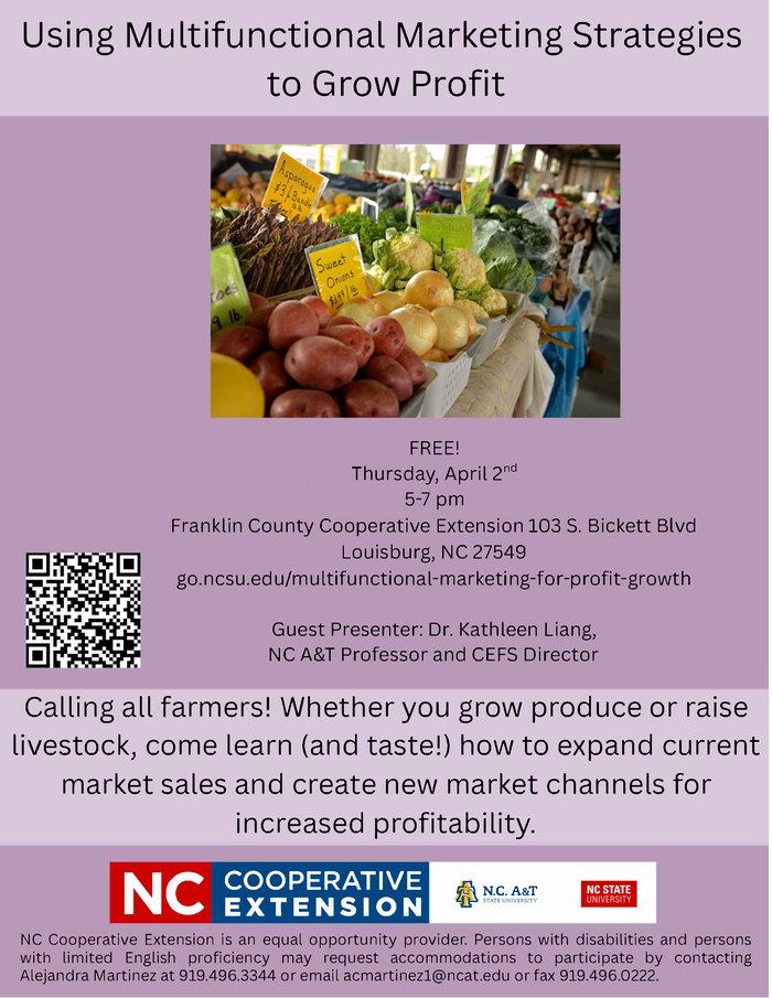 Marketing workshop flyer, date, time, location, speaker and registration information with table of farmers market produce.
