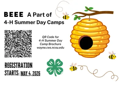 beehive to the right, 4-h clover on the bottom, qr code for the summer day camp registration
