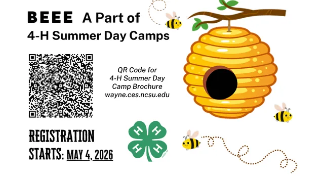 beehive to the right, 4-h clover on the bottom, qr code for the summer day camp registration