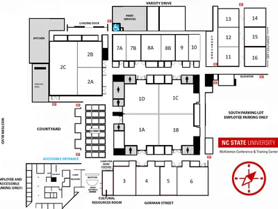 Floor map of the NC State McKimmon Conference and Training Center showing meeting rooms, lobby, courtyard, parking areas, restrooms, elevators, accessible entrances, exits, and major room locations used during North Carolina 4-H Congress, including Rooms
