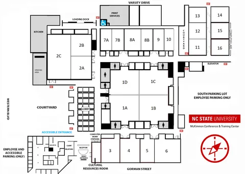 Floor map of the NC State McKimmon Conference and Training Center showing meeting rooms, lobby, courtyard, parking areas, restrooms, elevators, accessible entrances, exits, and major room locations used during North Carolina 4-H Congress, including Rooms