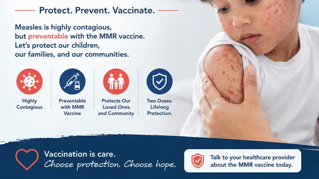 Image of child with measles being examined by a doctor.  It reads Measles Awareness: Protect, Prevent, Vaccinate.  Measles is Highly contagious but preventable with the MMR vaccine. Let's protect our children, our families and our communities.