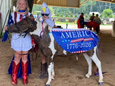 Picture of a 4-H and her miniature horse in an American-themed costume.