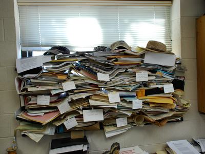 Pile of papers in window