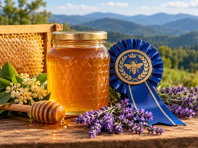honey and blue ribbon with lavender flowers and mountains in the background