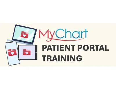 A pile of monitors display the MyChart logo and text MyChart Patient Portal Training