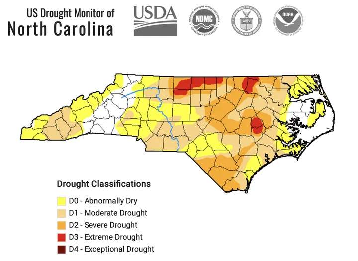 A U.S. Drought Monitor Map of North Carolina illustrating the drought classifications of counties statewide as of October 13, 2026.