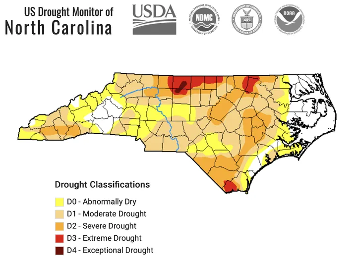 A U.S. Drought Monitor Map of North Carolina illustrating the drought classifications of counties statewide as of September 15, 2026.