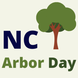 Graphic reading NC Arbor Day with a cartoon tree.